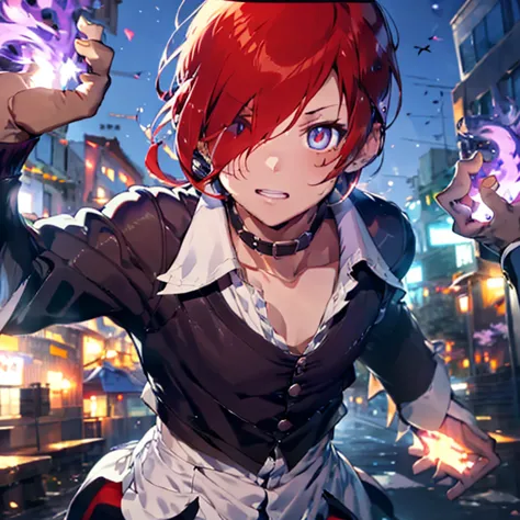 sharp eye,one boy,hair on one eye,redhead,short hair,purple flame,fantasy world,isekai,city of night,