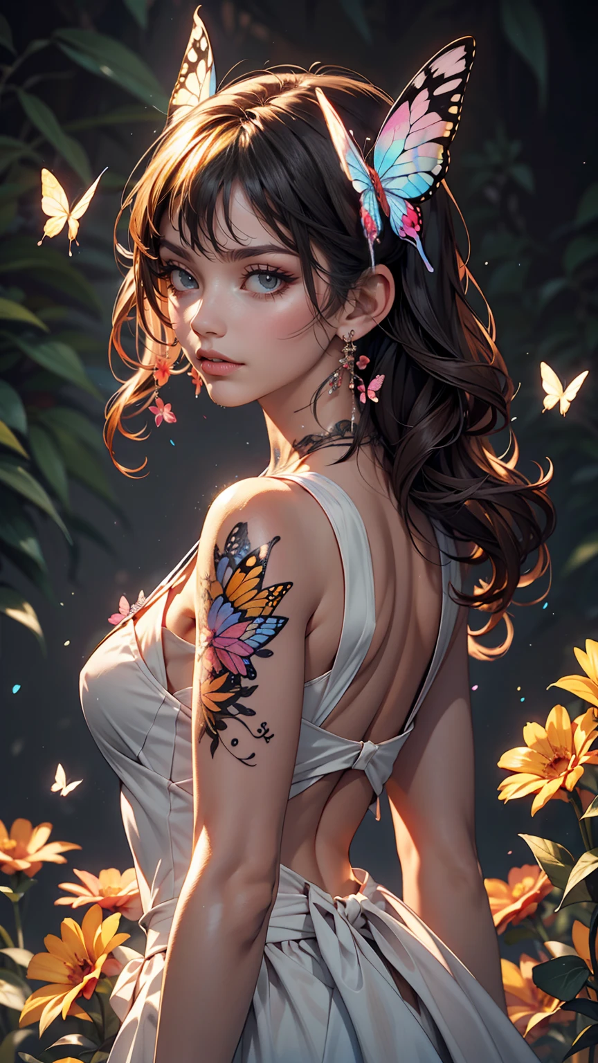 Tatuaje de acuarela de mariposa y flor.、femenina de 24 años
