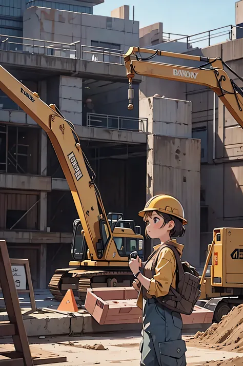Girl at the construction site, wear long sleeve shirts, cargo pants, Safety Helmet, and holding a A powerful method in her hand....