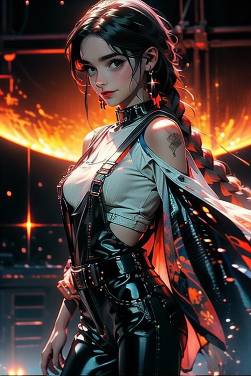 ((Picture in cyber punk style, create two characters), (futuristic , space station, space)))_((In the center of the composition there are two characters, close-up, a boy and a girl - full growth), (a girl in a stylish overalls, a slender figure, dynamic pose), (her clothes look very stylish, futuristic, a lot of details, latex material, textured fabric elements, colors, pink, blue, white), (her image embodies beauty and sympathy, her face radiates happiness, expressive eyes, smile), (her hairstyle, two long braids, hair dyed blue, pink - neon highlights))_((Her partner, a futuristic boy from the future, is dressed in all black, his preference in clothing, dark gothic style, combined with space jumpsuit, sporty stylish), (shoulder-length hair, handsome, black eyes, slender, young, strong body))_((Background, space station, space, technological elements, shine of stars))_((High image quality, stylish picture in cyber punk style, futuristic future, masterpiece), (animation cinematography, stylized realism, Japanese anime, blade runner, apple seed, animatrix), (FULL HD, 18K).