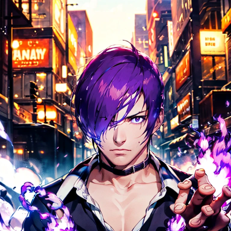 One boy,Hair on one eye,Redhead,short hair,Purple Flame,Fantasy World,isekai,New York Street,