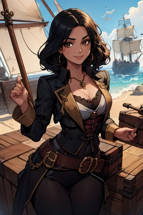 A black haired woman with brown eyes with an hourglass figure in a pirate's outfit is carrying a treasure chest back to the ship...