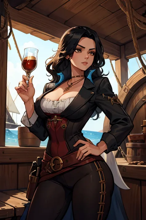 A black haired woman with brown eyes with an hourglass figure in a pirate's outfit is holding a necklace in the cabin  of a pira...