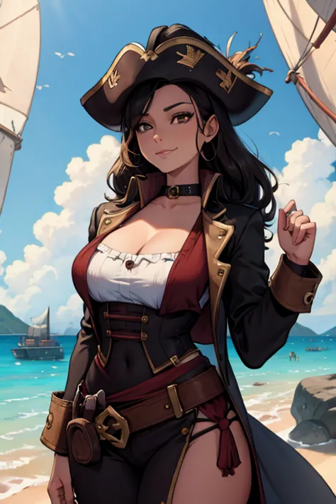 A black haired woman with brown eyes with an hourglass figure in a pirate's outfit is smiling in a pirate city 