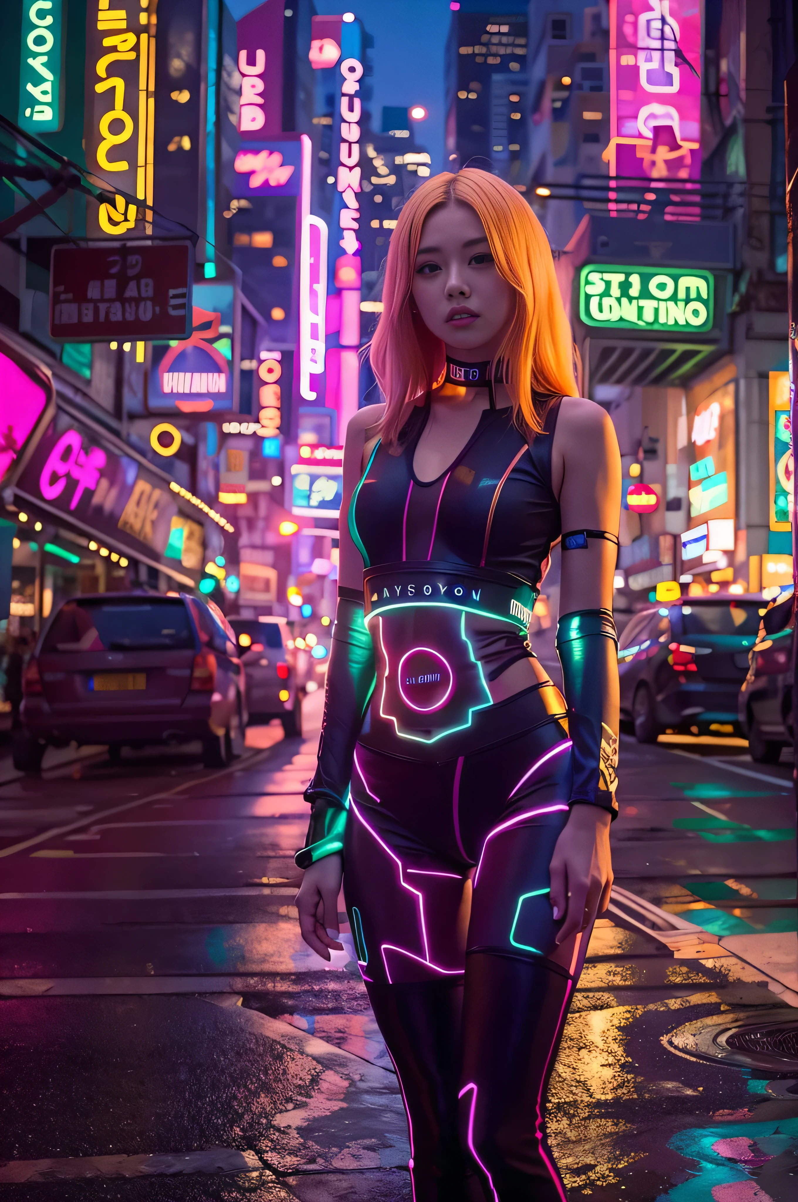 Tabletop, A dystopian city with neon signs and holograms projected onto the buildings and sky, Slim beautiful woman, Surrounded by neon-lit streets, Written boundary depth, Beautiful woman with slim figure, Tight Clothes Holographic, Healthy girl, Strong lighting in bodysuit, Hourglass Shape, High contrast clothing, Holographic clothing, (Walking towards the camera), (Look into the viewer&#39;s eyes), lipstick, Yellow Virtual Reality Glasses, Long red straight hair, night, Cyberpunk aesthetic, Highly detailed lighting, dramatic, In 8K, High detail, Skin Texture, Realistic Skin texture, armor, highest quality, High resolution, Photorealistic, Cocktail, Whole cake with fireworks stuck in it,