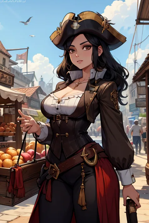A black haired woman with brown eyes with an hourglass figure in a pirate's outfit is shopping in the market of a pirate city