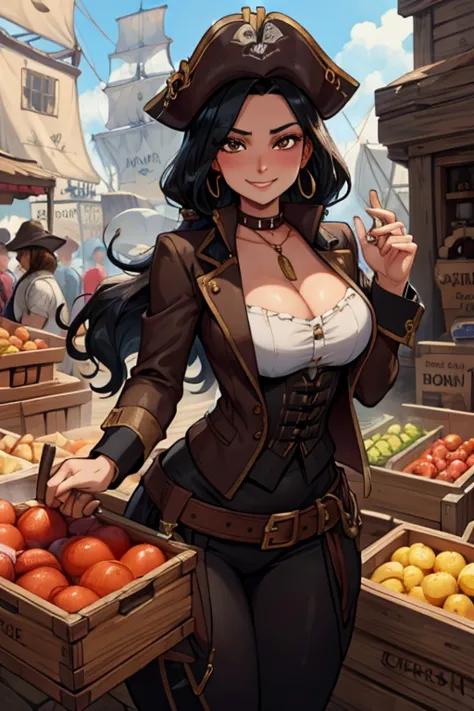 A black haired woman with brown eyes with an hourglass figure in a pirate's outfit is blushing with a smile while leaning forwar...