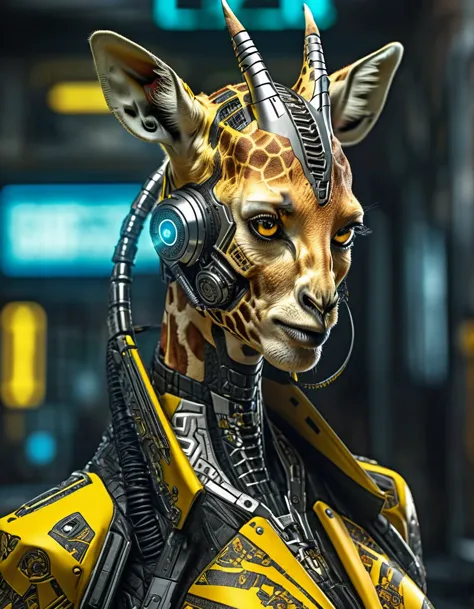 a (giraffe pattern ) yellow and black outfit,sword,beautiful cyberpunk woman,cyberpunk angry gorgeous goddess,beautiful cyborg g...
