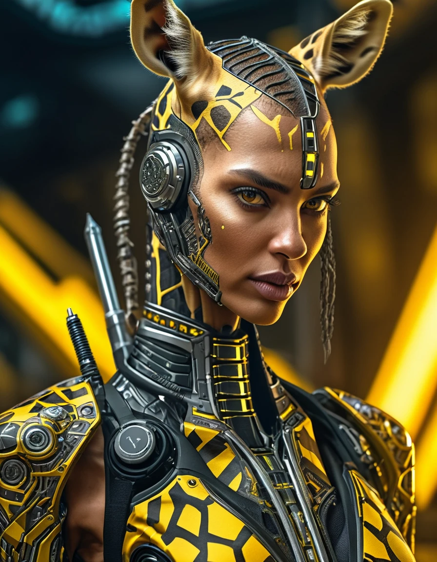vestido de mulher (padrão de girafa ) roupa amarela e preta,espada,Linda mulher ciberpunk,deusa linda cyberpunk com raiva,linda garota ciborgue ,hiper-realista,Detalhes intrincados,iluminação cinematográfica,cores vibrantes,premiado,esplêndido,Obra de arte
