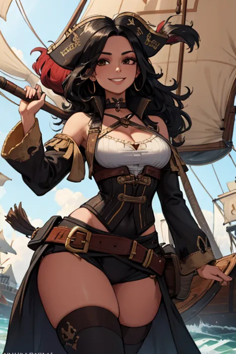 A black haired woman with brown eyes with an hourglass figure in a pirate's outfit is walking onto a pirate ship with a  big smi...