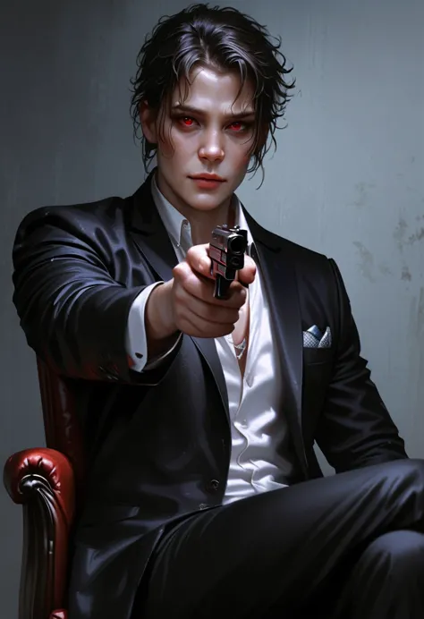 a highly detailed young man in a suit holding a handgun, aiming at the viewer, sitting with crossed legs, black hair, red eyes, ...