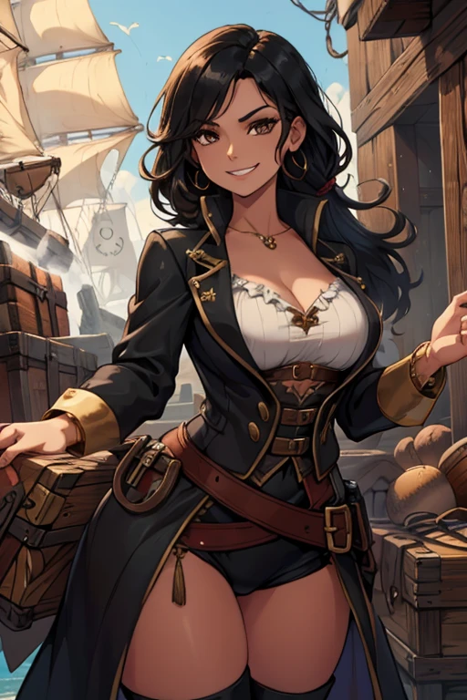 A black haired woman with brown eyes with an hourglass figure in a pirate's outfit is sorting through a treasure chest with a triumphant grin