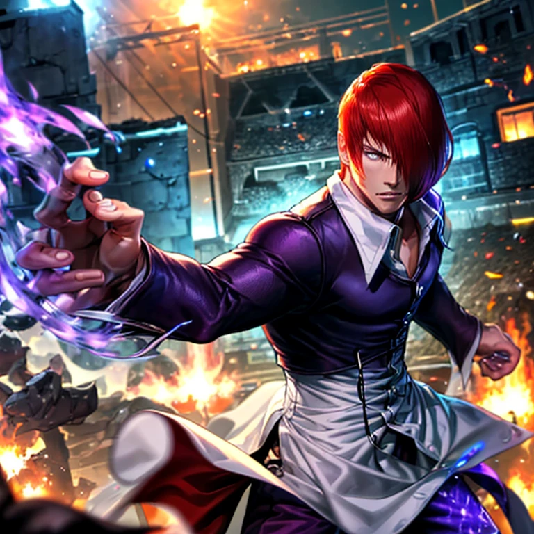 Boy,Hair on one eye,Redhead,short hair,Purple Flame,Fantasy World,isekai,Fighting an opponent in the arena