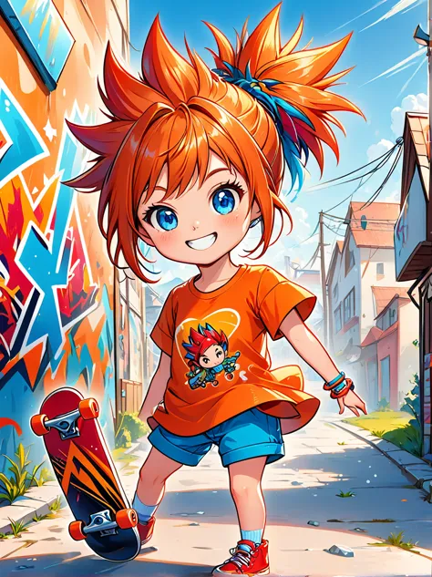 A cartoon doodle character，Vector illustration，A sweet and lovely little girl，With spiky, brightly colored hair，Unique and wild ...