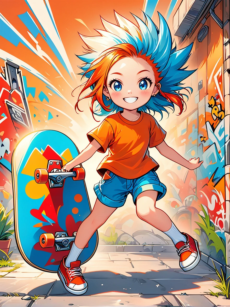 A cartoon doodle character，Vector illustration，A sweet and lovely little girl，With spiky, brightly colored hair，Unique and wild style，Wearing orange T-shirt，Blue shorts and red shoes, She often has a mischievous smile，And stir up trouble in the nameless town, She was known for her skateboarding skills and nonchalant attitude, Standing in front of a graffiti style background，Adds whimsy to the scene