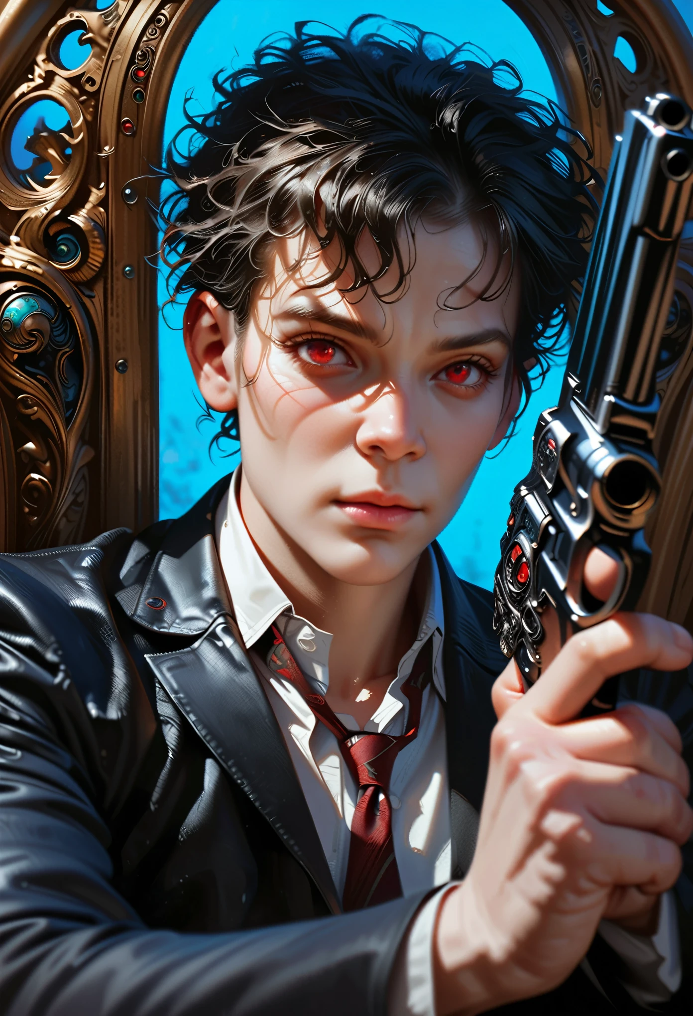 very detailed portrait of a young man in a strict black suit, sitting cross-legged and holding a gun, (carved stylish chair, with armrests), (Art Nouveau style, cyber punk), with bright red eyes, black hair and tie (best quality, 4k , 8k, High Definition, Masterpiece: 1.2), Ultra Detail, (Realistic, Photorealistic, Photorealistic: 1.37), Digital Art, Concept Art, Cinematic Lighting, Dramatic Shadows, Muted Color Palette.