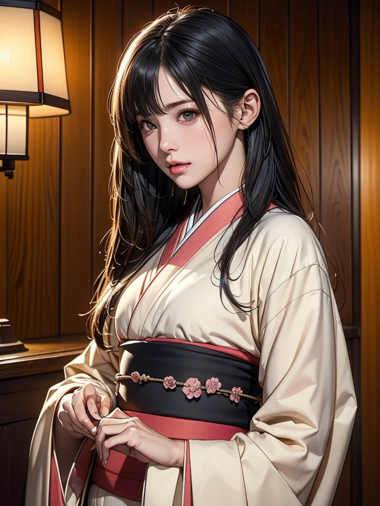 (highest quality、8k、32k、masterpiece)、(masterpiece,up to date,Exceptional:1.2), anime,One girl,Front hair,black_hair, Beautiful 8k eyes,Looking_in_Audience,One person in,Are standing,((Very beautiful woman, Fuller lips, Japanese pintern kimono))、((Colorful Japanese kimono)))、(((Medium Shot)))、Blunt bung、(High resolution)、Very beautiful face and eyes、1 girl 、Round and small face、Narrow waist、delicine body、(highest quality high detail Rich skin details)、(highest quality、8k、Oil paints:1.2)、Very detailed、(Realistic、Realistic:1.37)、Bright colors、(((blackhair)))、(((Blunt bung,Long Hair)))、(((cowboy pictures)))、((( Inside an old Japanese house with a (short focus lens:1.4),)))、(masterpiece, highest quality, highest quality, Official Art, beautifully、aesthetic:1.2), (One girl), Very detailedな,(Fractal Art:1.3),colorful,Most detailed,Sengoku period(High resolution)、Very beautiful face and eyes、1 girl 、Round and small face、Tight waist、Delicine body、(highest quality high detail Rich skin details)、(highest quality、8k、Oil paints:1.2)、(Realistic、Realistic:1.37)、Greg Rutkowski Written by Alphonse Mucha Ropp,short ,uchikake,nishijin ori,(realistic light and shadow), (real and delicate background),(muted colors, dim colors, soothing tones:1.3), low saturation, (hyperdetailed:1.2), (noir:0.4),drow,blurry_light_background, (vibrant color:1.2), cinematic lighting, ambient lighting,Single Shot,Shallow Focus,pink lip,blurry light background,
