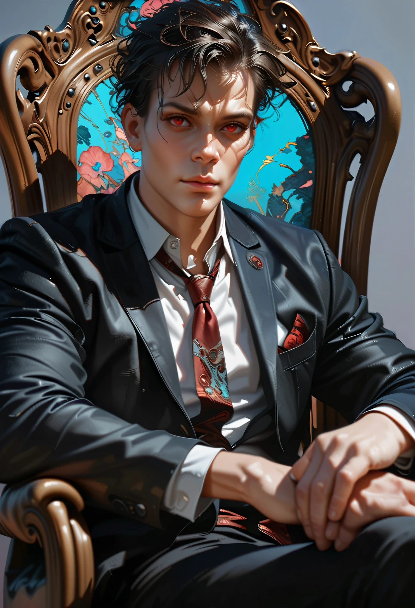 sehr detailliertes Portrait eines jungen Mannes im strengen schwarzen Anzug, mit gekreuzten Beinen sitzend und eine Waffe haltend, (geschnitzter stilvoller Stuhl, mit Armlehnen), (Jugendstil, cyber punk), mit leuchtend roten Augen, schwarze Haare und Krawatte (beste Qualität, 4k , 8k, Hochauflösend, Meisterwerk: 1.2), Ultra-Detail, (Realistisch, fotorealistisch, fotorealistisch: 1.37), Digital Art, Konzeptkunst, Filmische Beleuchtung, dramatische Schatten, gedämpfte Farbpalette.