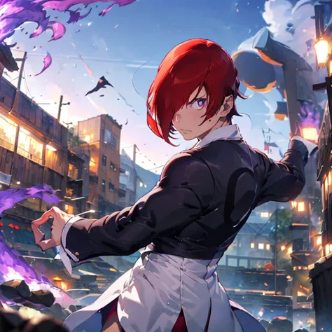 sharp eye,one boy,hair on one eye,redhead,short hair,purple flame,fantasy world,isekai,fighting an opponent in the arena