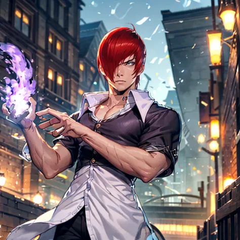 sharp eye,one boy,hair on one eye,redhead,short hair,purple flame,fantasy world,isekai,bracing himself on london bridge