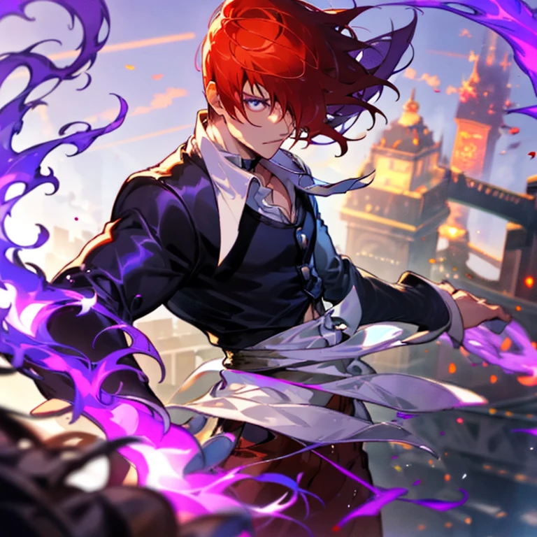 Sharp Eye,One boy,Hair on one eye,Redhead,short hair,Purple Flame,Fantasy World,isekai,Bracing himself on London Bridge