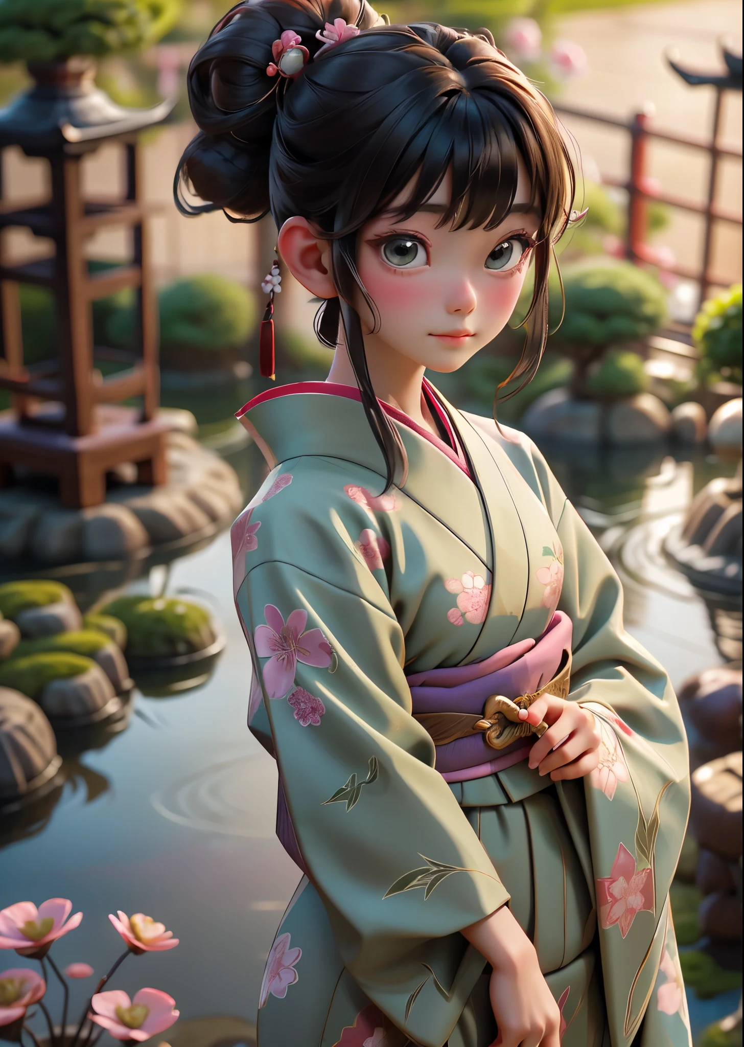 (masterpiece, highest quality, highest quality, Official Art, beautifully、aesthetic:1.2)、Cowboy Shot、 (1 Japanese kimono beautiful girl)、Young face、（Pink and green floral patterned kimono）、A gorgeous kimono worn by women at Japanese Coming of Age ceremonies、The collar is nicely closed、A perfect example of how to wear a kimono、Big green eyes、Beautiful skin、A little embarrassing、（Updo with bangs）、hair ornaments、Very detailed,(In the Japanese garden:1.3)、Cinematic lighting、Sharp focus、High resolution、High resolution、High color rendering、High resolution、Super realistic、