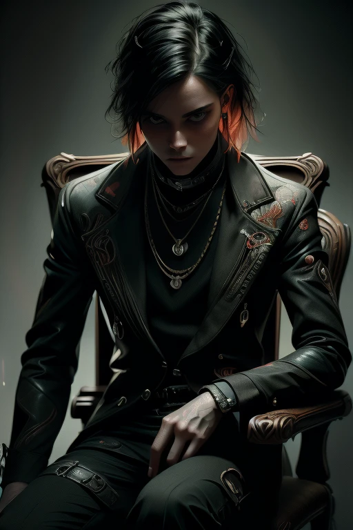very detailed portrait of a young man in a strict black suit, sitting cross-legged and holding a gun, (carved stylish chair, with armrests), (Art Nouveau style, cyber punk), with bright red eyes, black hair and tie (best quality, 4k , 8k, High Definition, Masterpiece: 1.2), Ultra Detail, (Realistic, Photorealistic, Photorealistic: 1.37), Digital Art, Concept Art, Cinematic Lighting, Dramatic Shadows, Muted Color Palette.