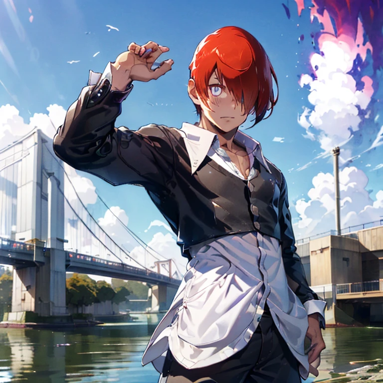 Sharp Eye,One boy,Hair on one eye,Redhead,short hair,Purple Flame,Fantasy World,isekai,Standing poised with the Bay Bridge in the background