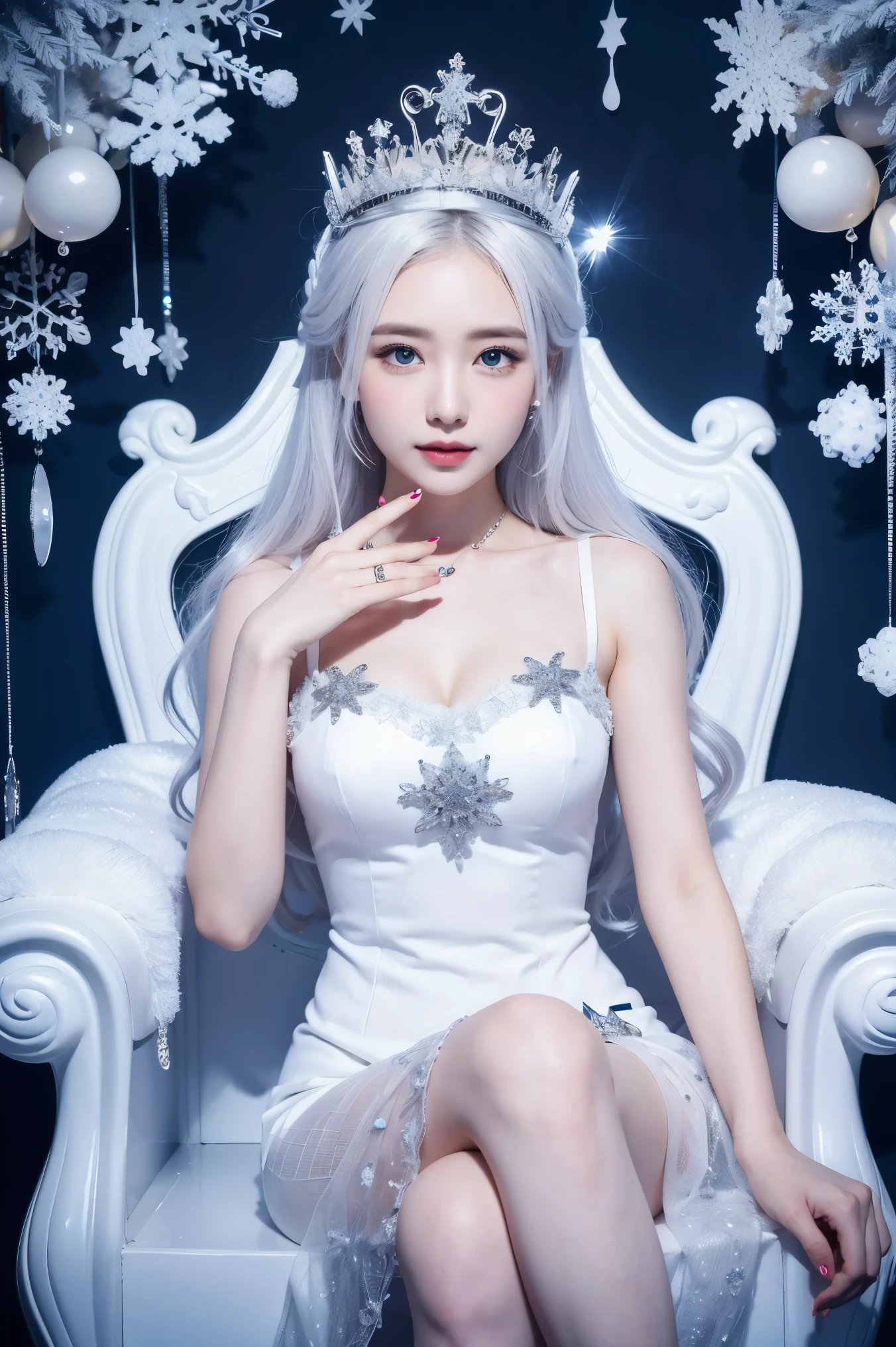 a winter queen, pale skin, white hair, snowflake themed outfit, ice crown, sitting on a throne made of ice, neutral expression, ice crystals, elegant, half closed eyes, snowflakes