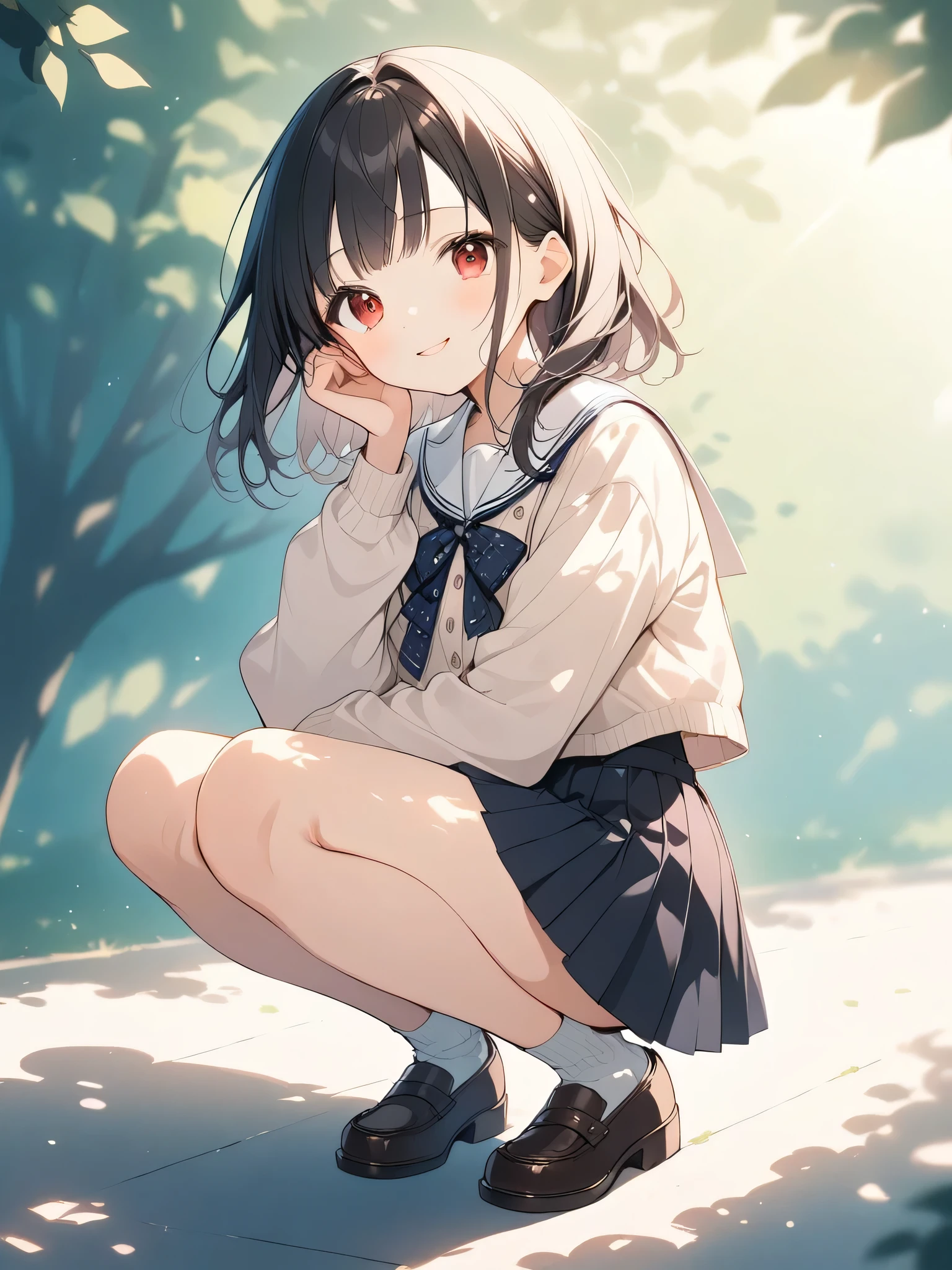 Anime Style, Super precise illustration, Very detailed, beautiful, 8k,1 cute girl,(cute:1.3),Black Hair,short straight bangs, smile,Red eyes, stylish, Trendy clothes,(Spotted sunlight:1.2),Blurred,(Written boundary depth:1.1),Tilt your head,mini skirt,｛school uniform｝,(whole body:1.3),squat
