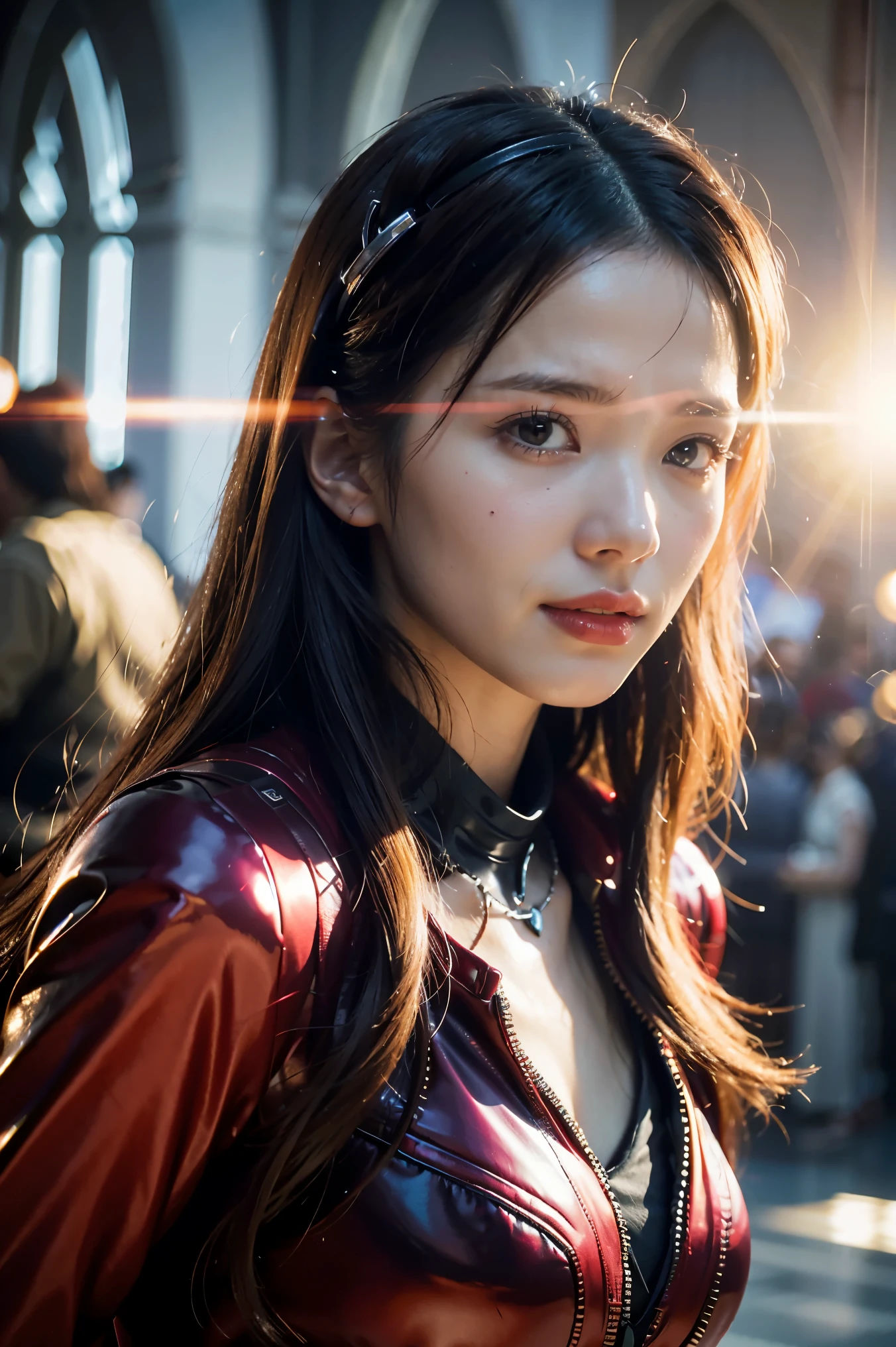 Scene from Movie, Scarlet Witch from Marvel Close-Up Shot, Distorted Space, Distorted Undead in the Background, Lens Flares, Light Shafts, Intricate Details, High Detailed, Volumetric Lighting, 4k Rendering, Stock Photo, Hyper Realistic, Realistic Textures, Dramatic Lighting, Unreal Engine