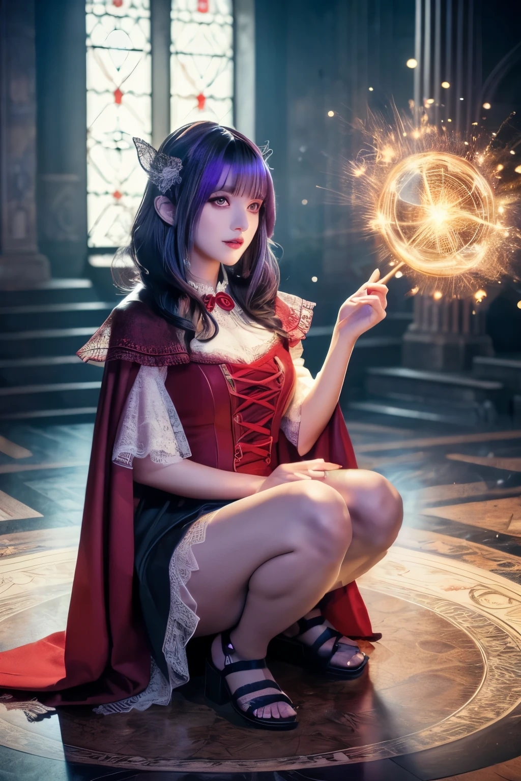 (ultra-detailed face, sleepy eyes:1.5), (Full Body:1.3), (Fantasy Illustration with Gothic & Ukiyo-e & Comic Art:1.2), (A woman magician is kneeling on one knee in the center of the magic circle:1.3), (In one hand she holds a large swirl of light. Particles of light scatter:1.4), (A young-aged dark elf woman with white hair, blunt bangs, bob cut, and dark purple skin, lavender eyes:1.2), BREAK (She is wearing a red linen cape dress with lace ruffles and red sandals:1.2)