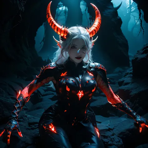 Arafed woman with horns and glowing skin in a cave, Diablo 4 Lilith, Succubus | Medieval, beautiful Succubus, White Horned Queen...