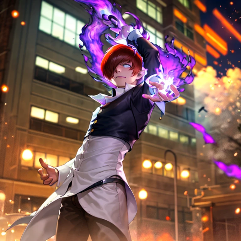 Sharp Eye,One boy,Hair on one eye,Redhead,short hair,Purple Flame,Fantasy World,isekai,Posing in New York City