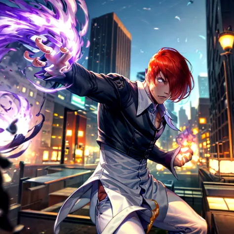 sharp eye,one boy,hair on one eye,redhead,short hair,purple flame,fantasy world,isekai,running through new york city