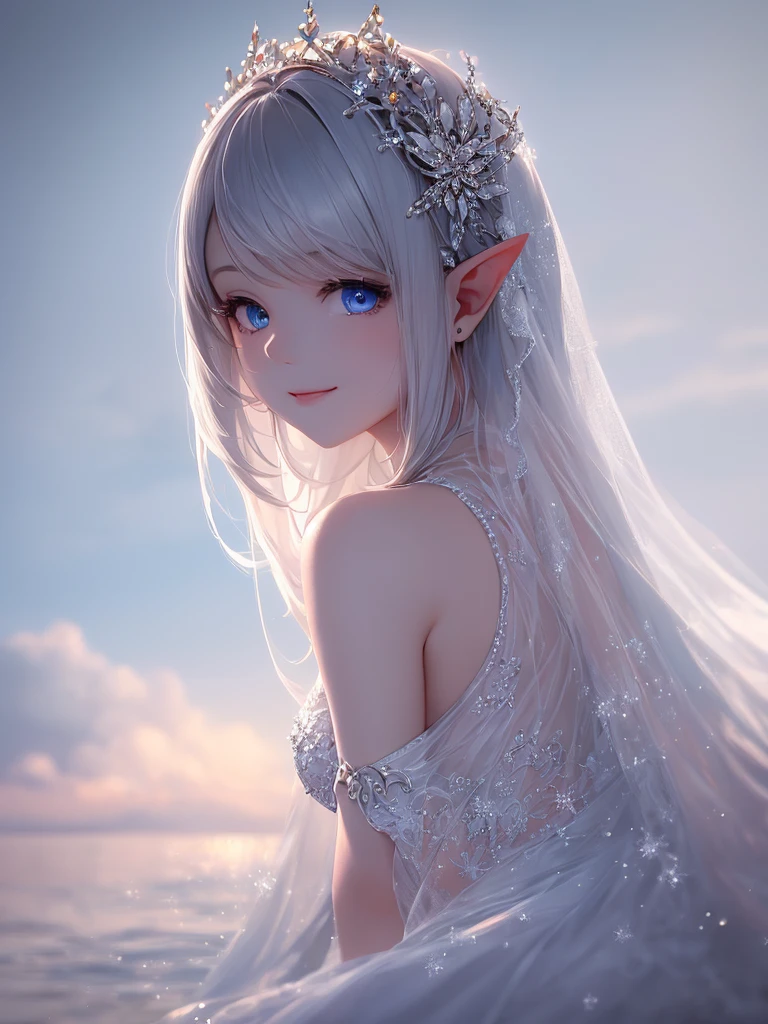 (master piece),(4k),high quality,(small breasts),1girl,elf,long silver hair,pale skin,smile,beautiful detailed blue eyes, (Highly detailed elegant),(multilayered outfit), Magical colors and atmosphere, Detailed skin,The background is soft and blurry,Add a dramatic and symbolic element to your scene, Depth of written boundary, Bokeh, Silky to the touch, Hyper Detail,sitting,in white beach,create an ethereal atmosphere like a dream