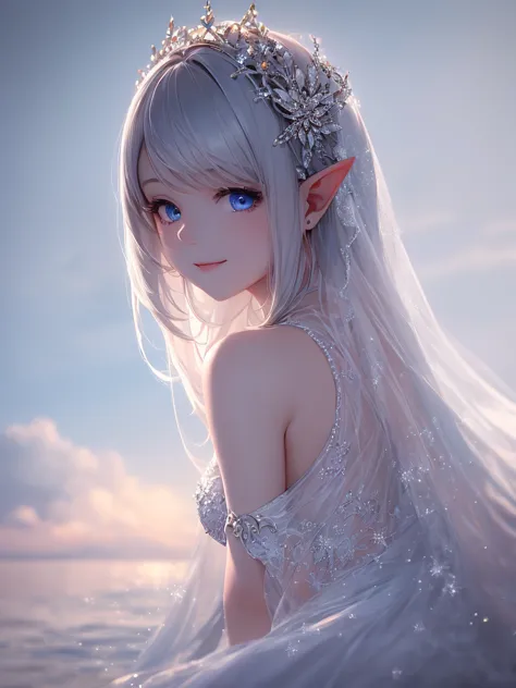 (master piece),(4k),high quality,(small breasts),1girl,elf,long silver hair,pale skin,smile,beautiful detailed blue eyes, (Highl...