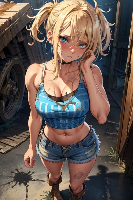 blue eyes, blonde hair, Makeup (Messy), (extremely detailed CG unity 4k wallpaper),(masterpiece),(best quality),(ultra-detailed),(best illustration),(best shadow),(absurdres),(detailed background), Trailer park trash, Short blonde hair (very Messy), Croptop tank top (filthy), denim short skirt (filthy), Cowgirl boots, Sad expression, Dirty girl, standing, poor,