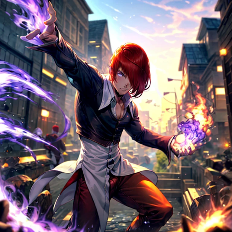 Sharp Eye,One boy,Hair on one eye,Redhead,short hair,Purple Flame,Fantasy World,isekai,Run at full speed on the road