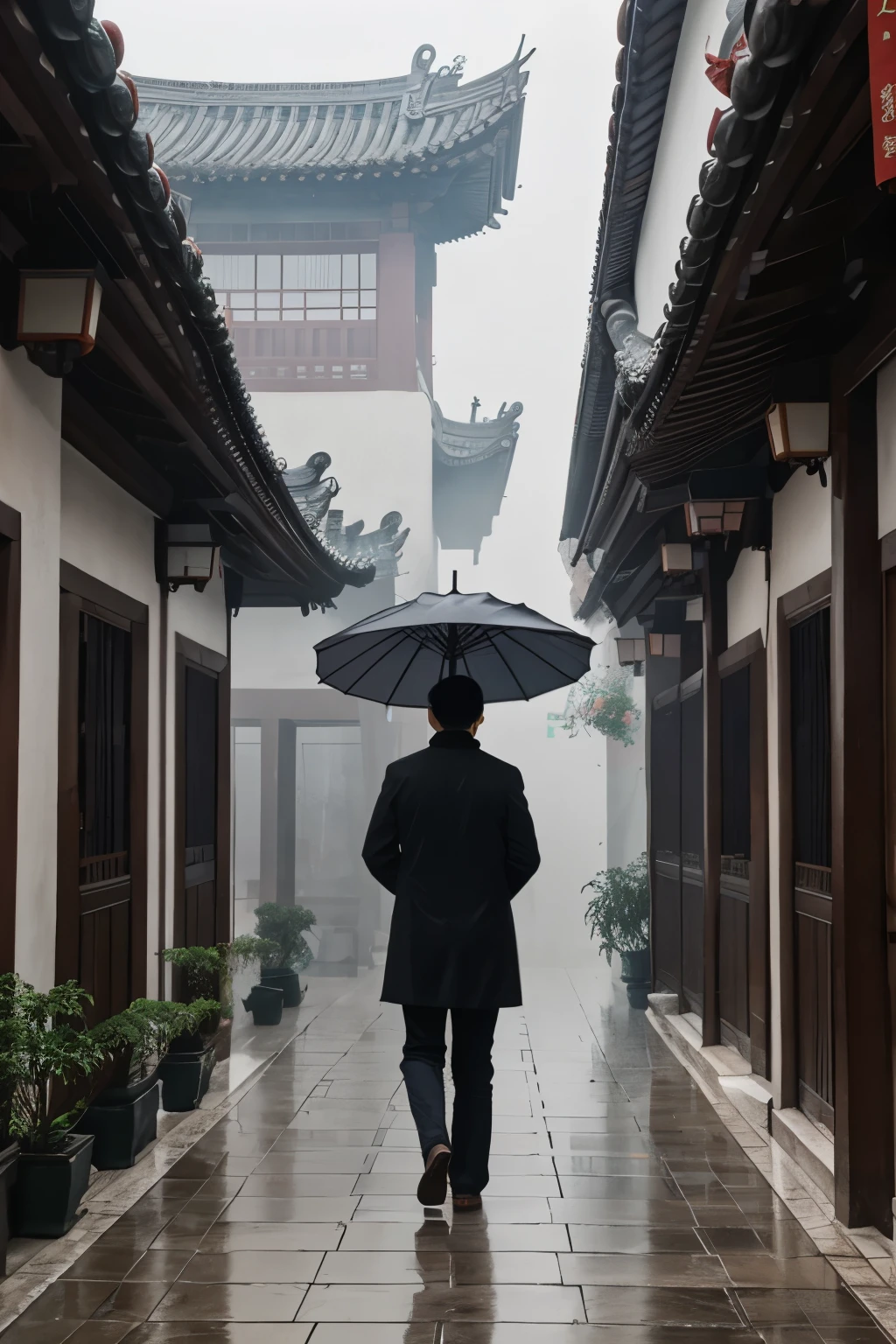 Tianjing Courtyard, Sheng Family Old House，The surroundings are hazy with drizzle，The man holding a black umbrella is tall and slender，Eyes sharp and calm，The mist in the rain is like looking at flowers through the fog.。