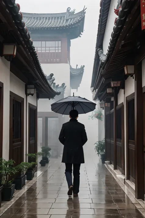 Tianjing Courtyard, Sheng Family Old House，The surroundings are hazy with drizzle，The man holding a black umbrella is tall and s...