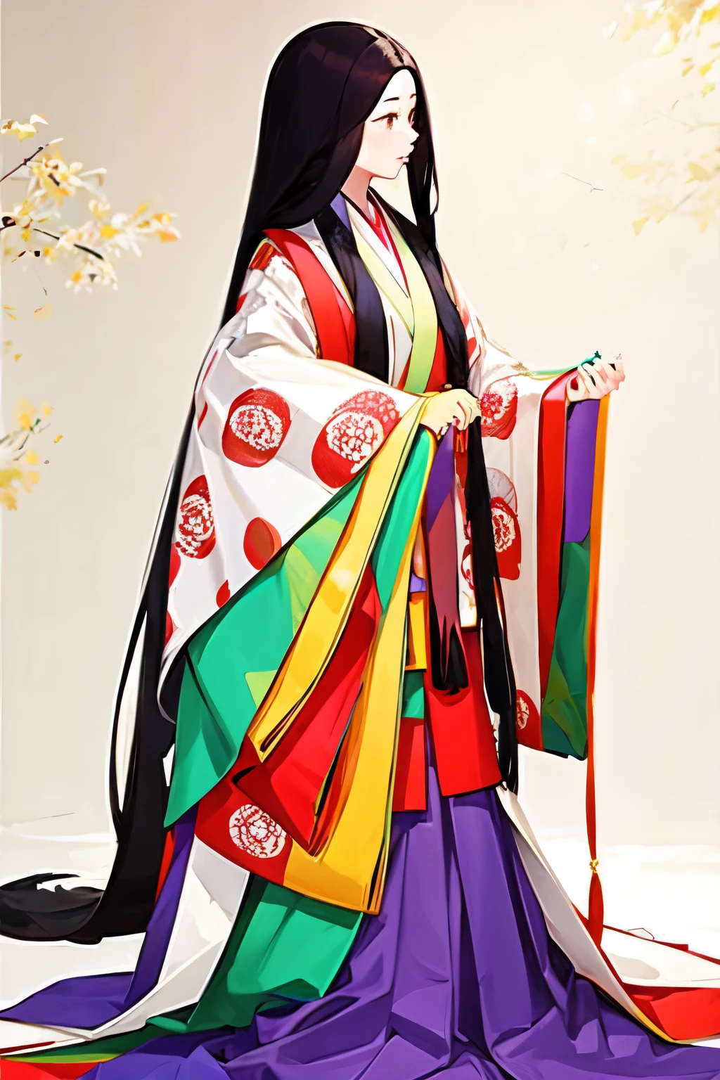 (masterpiece, highest quality:1.2), One girl, junihitoe, solo, Straight long black hair、Have hiohgi、Xifeng、Blank background