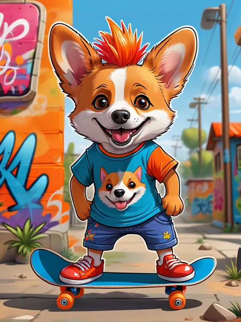 A cartoon doodle anthropomorphic animal，Vector illustration，A cute little corgi，With spiky, brightly colored hair，Unique and wil...