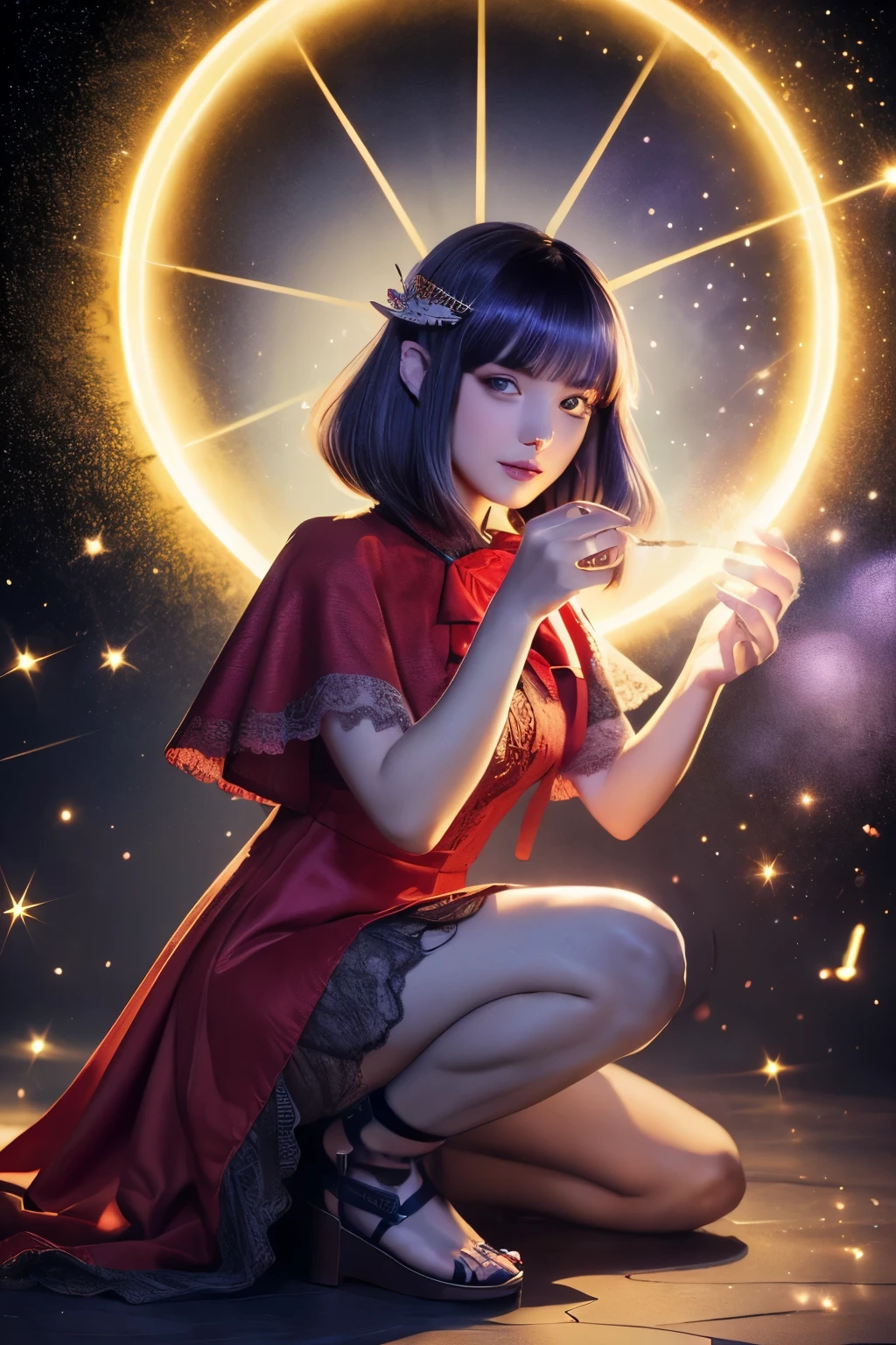 (ultra-detailed face, sleepy eyes:1.5), (Full Body:1.3), (Fantasy Illustration with Gothic & Ukiyo-e & Comic Art:1.2), (A woman magician is kneeling on one knee in the center of the magic circle:1.3), (In one hand she holds a large swirl of light. Particles of light scatter:1.4), (A young-aged dark elf woman with white hair, blunt bangs, bob cut, and dark purple skin, lavender eyes:1.2), BREAK (She is wearing a red linen cape dress with lace ruffles and red sandals:1.2)