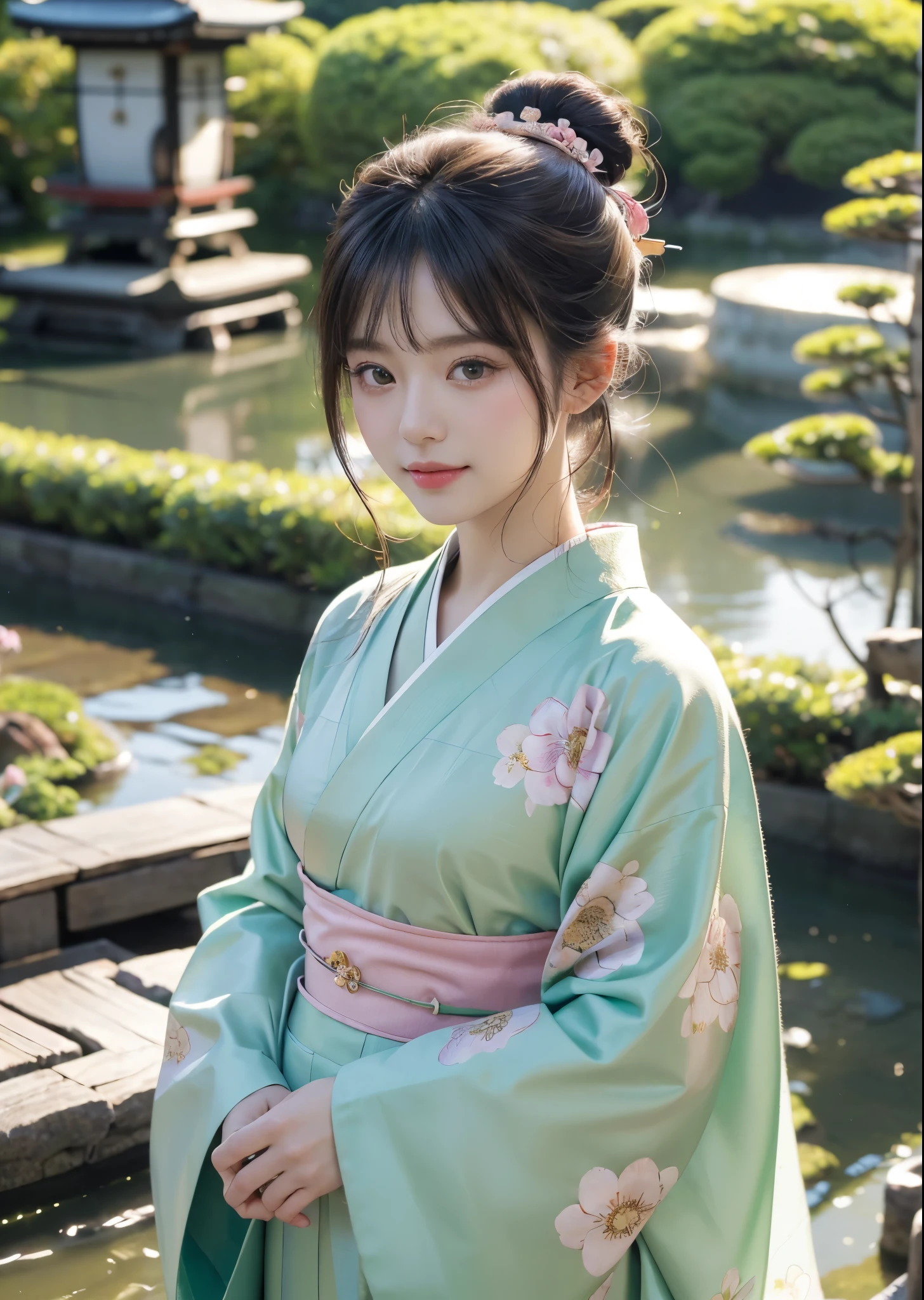 (masterpiece, highest quality, highest quality, Official Art, beautifully、aesthetic:1.2)、Cowboy Shot、 (One Japanese kimono beauty)、An elegant adult woman、（Pink and green floral patterned kimono）、A gorgeous kimono worn by women at Japanese Coming of Age ceremonies、The collar is nicely closed、A perfect example of how to wear a kimono、Big green eyes、Beautiful skin、A smile with shame、（Updo with bangs）、hair ornaments、Very detailed,(In the Japanese garden:1.3)、Cinematic lighting、Sharp focus、High resolution、High resolution、High color rendering、High resolution、Super realistic、