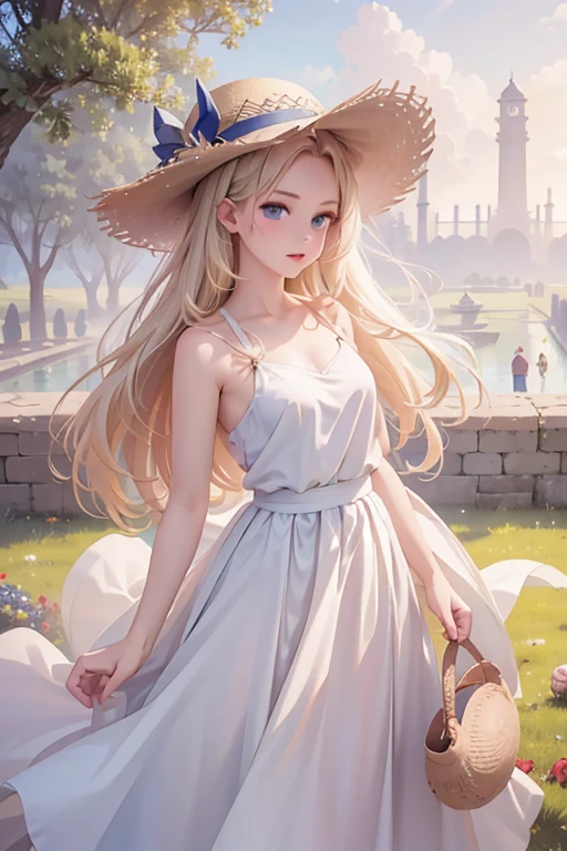 masterpiece, highest quality, 16k、High resolution, Cowboy Shot、Detailed face、1 7-year-old girl、blue eyes、blonde、Braiding、White Dress、Straw hat、India、In front of the Taj Mahal