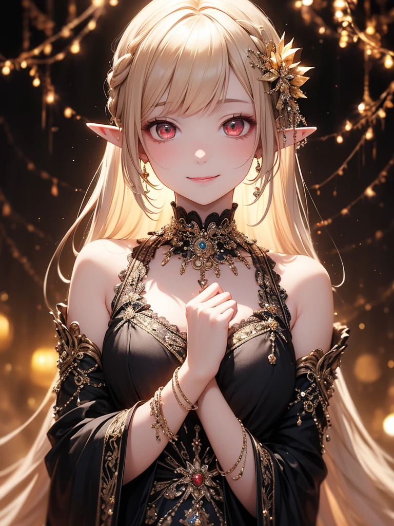 (master piece),(4k),high quality,(small breasts),1girl,elf,long blonde hair,pale skin,smile,beautiful detailed red eyes, (Highly detailed elegant),(multilayered outfit), Magical colors and atmosphere, Detailed skin,The background is soft and blurry,Add a dramatic and symbolic element to your scene, Depth of written boundary, Bokeh, Silky to the touch, Hyper Detail,sitting,create an ethereal atmosphere like a dream