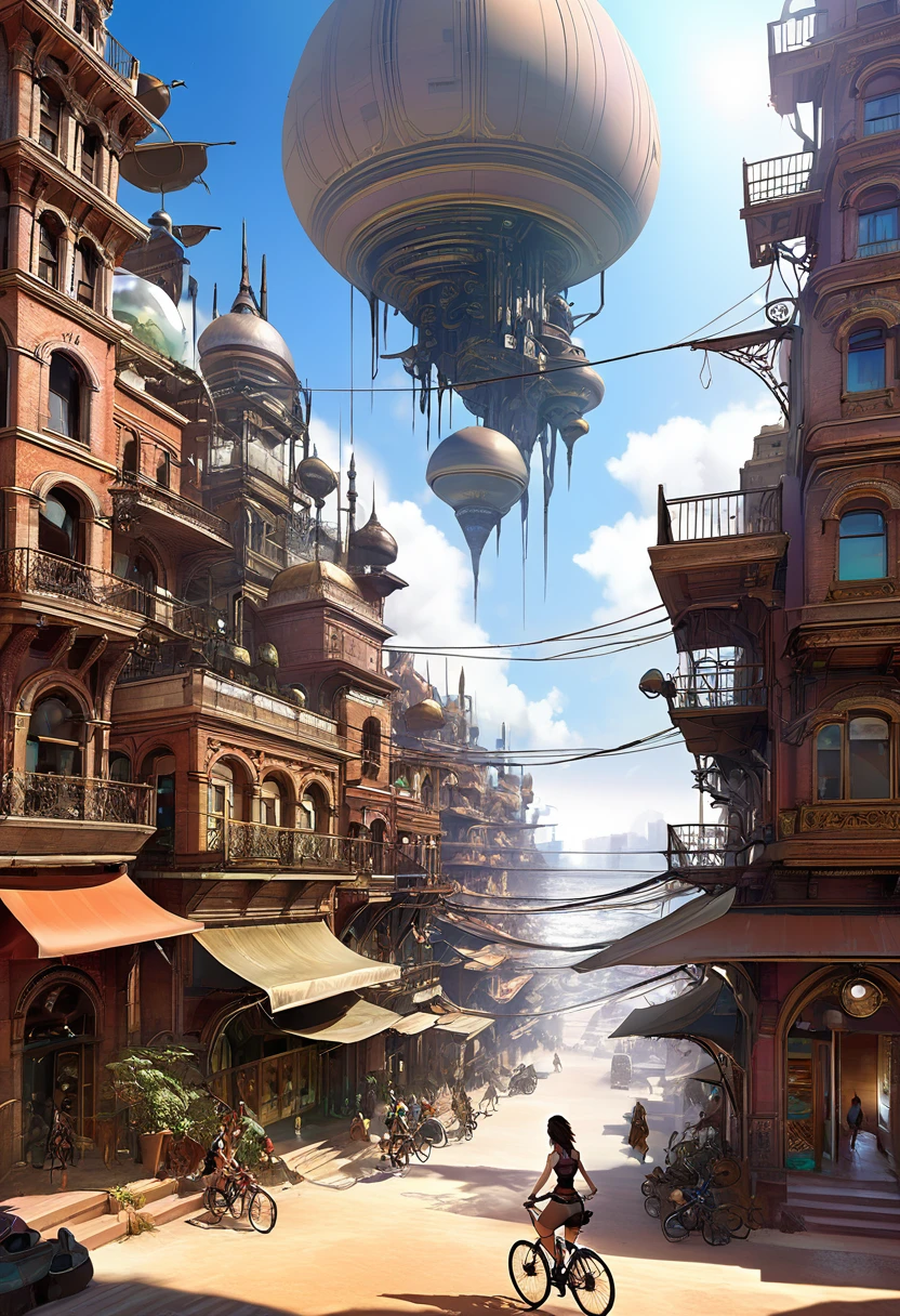 une fille fait du vélo, en short de course, short court, une peinture d&#39;une ville au milieu d&#39;un désert, art conceptuel, inspiré par Stéphan Martinière, art numérique, Mégapole steampunk victorienne, Mandelbulb, bâtiments en 3D, peinture mate de machines à vapeur, paysage urbain de la ville en orbite russe
