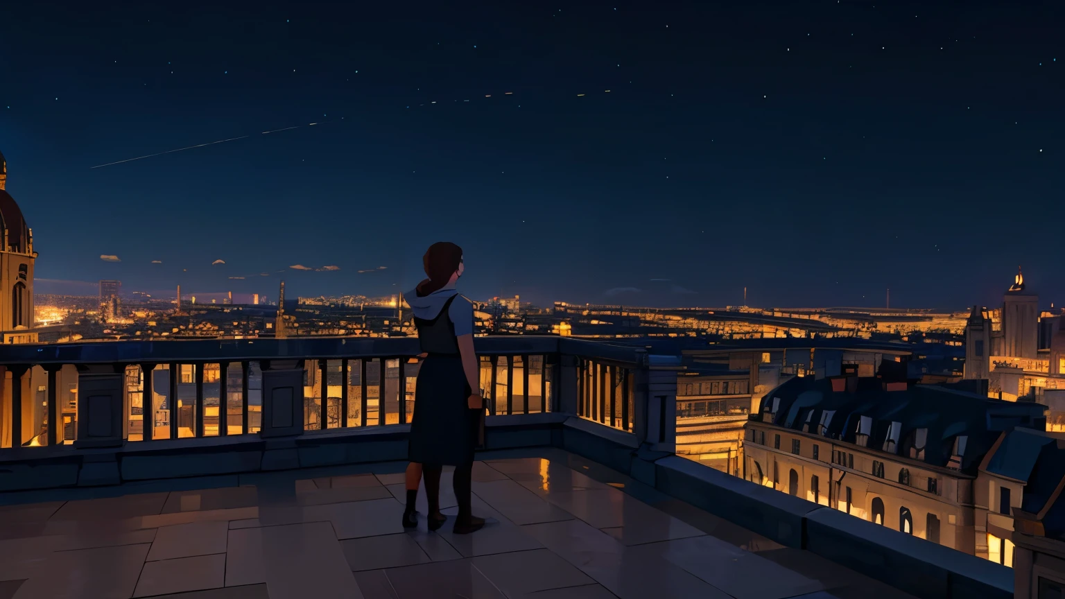 Terrace of a building + first person image + dark sky + city all lit up + high quality image + 4K