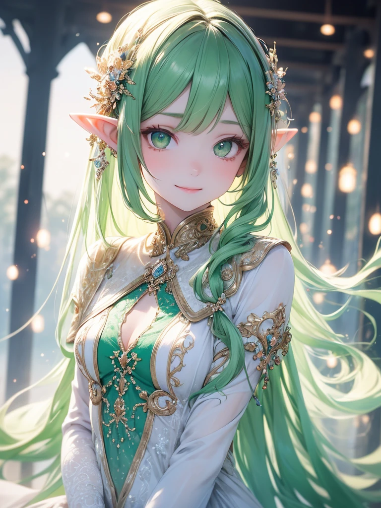 (master piece),(4k),high quality,(small breasts),1girl,elf,long green hair,pale skin,smile,beautiful detailed green eyes, (Highly detailed elegant),(white and green capelet fashion), Magical colors and atmosphere, Detailed skin,The background is soft and blurry,Add a dramatic and symbolic element to your scene, Depth of written boundary, Bokeh, Silky to the touch, Hyper Detail,sitting,create an ethereal atmosphere like a dream